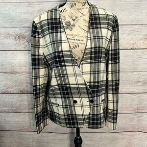 Vintage Black & White Plaid Blazer Wool Blend Collarless Made in USA Size 10
